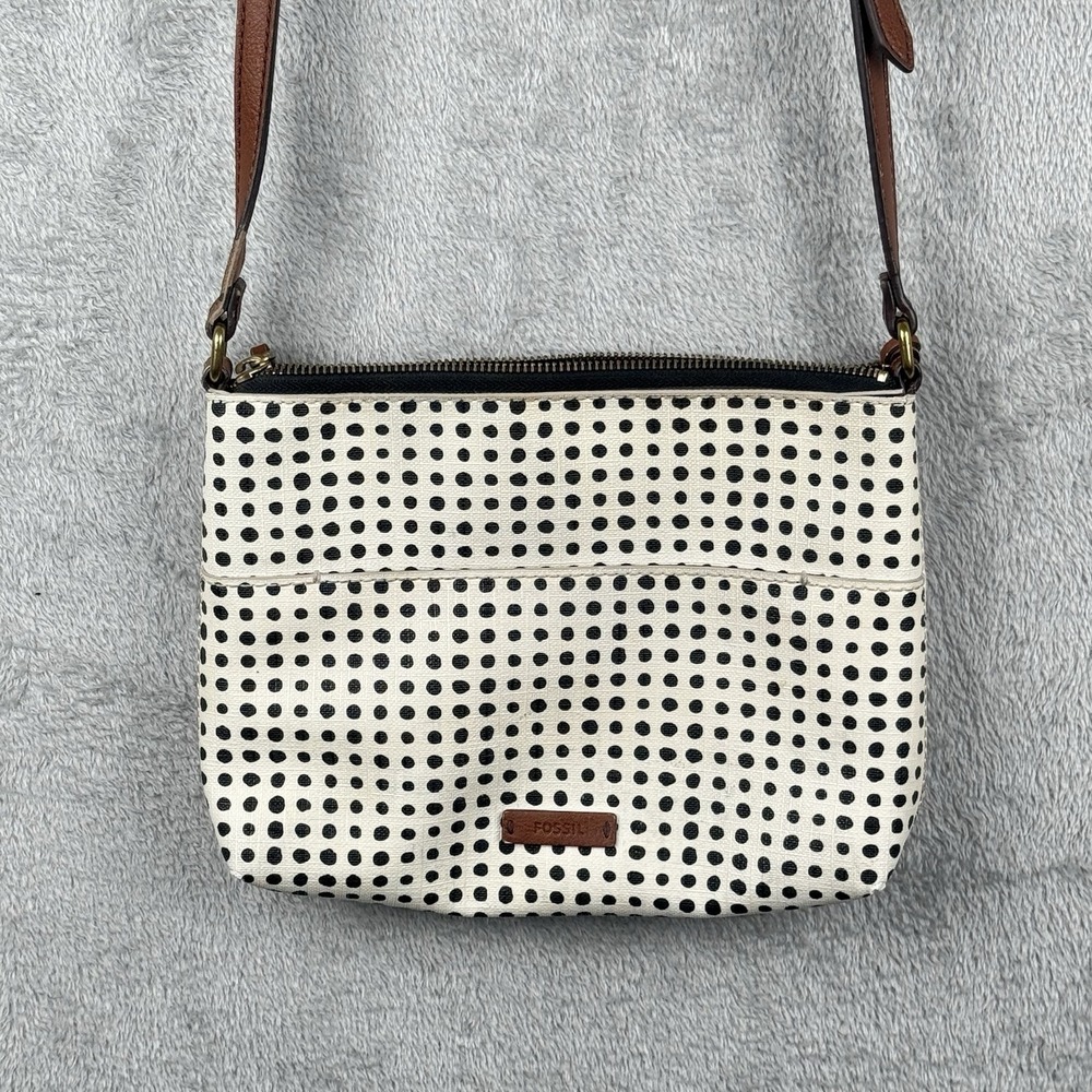 Fossil Fionia Crossbody Purse White Black Polka Dot Coated‎ Canvas Leather Trim